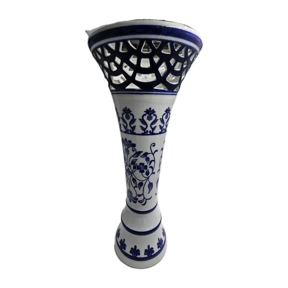 Blue & White 14" Chinoiserie Lattice Edge Vase Flared Floral Decor Large - Picture 1 of 9